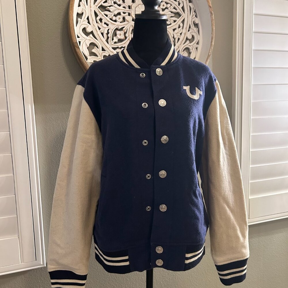 True Religion Varsity Letterman Jacket Wool Blend Snap Front Y2K Streetwear - Picture 4 of 12